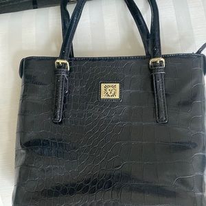 Anne Klein, faux crocodile textured small tote bag, black, polka dot lining